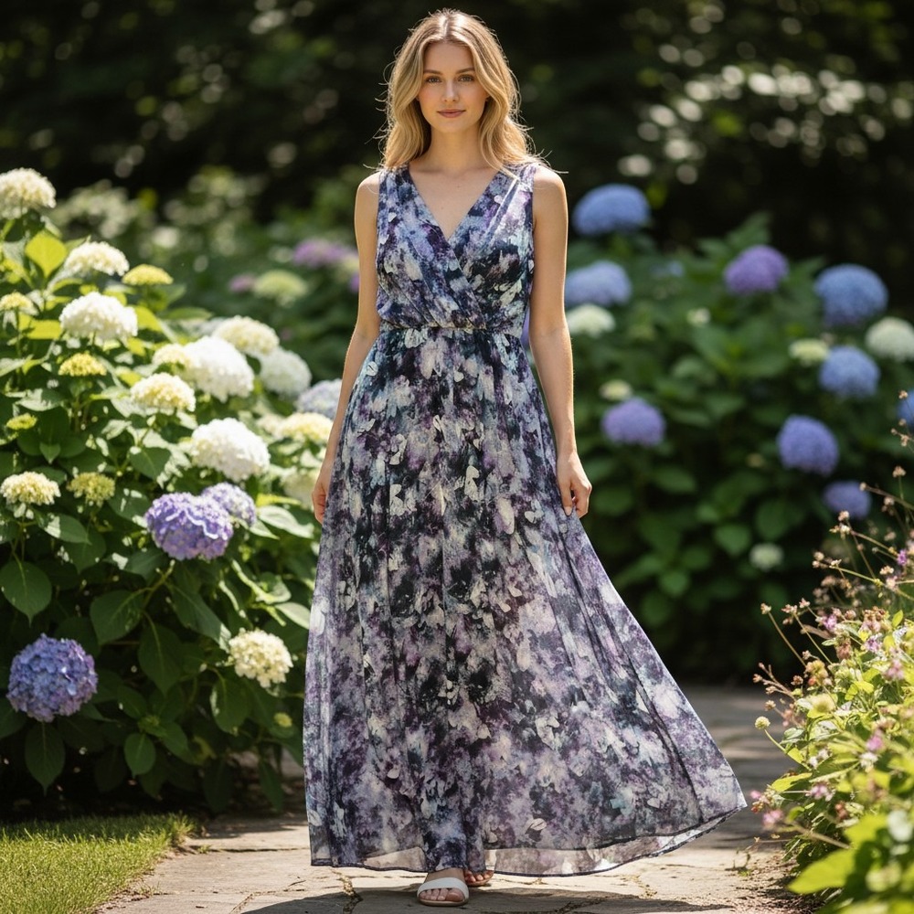Watercolor Simply Vera Vera Wang High-Low Dress Womens L Purple Abstract Floral